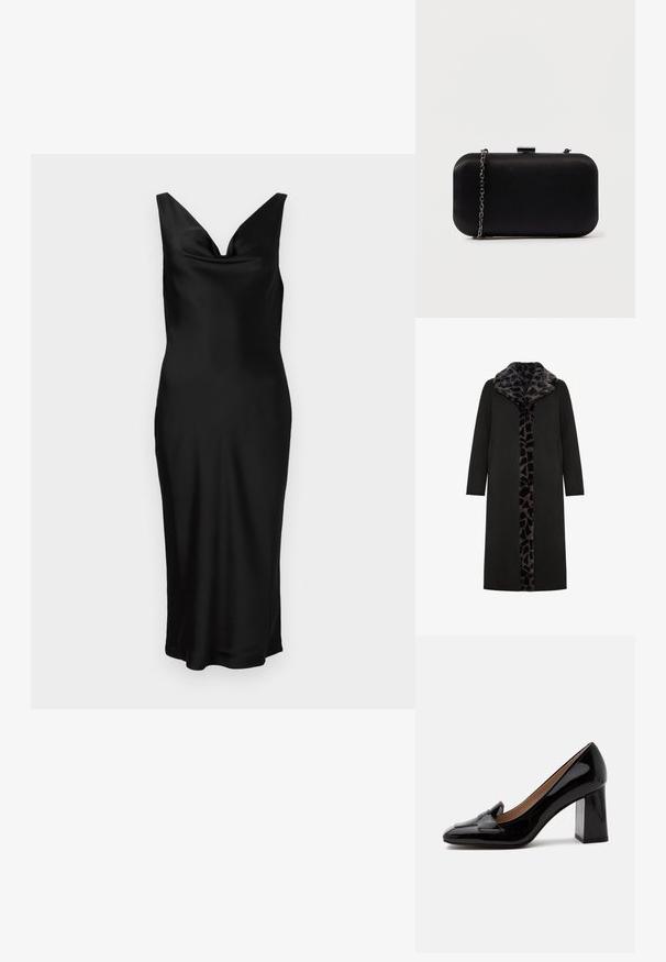 Abrigo largo negro con un collar de piel sintética de estampado de leopardo y panel frontal, que presenta bolsillos laterales y una silueta recta y elegante.; Vestido de satén negro con escote en V y diseño sin mangas. El ajuste ceñido presenta un cuerpo drapeado y cae hasta la mitad de la pantorrilla. Textura suave.; Zapato de salón de charol negro brillante con tacón ancho y costuras estilo mocasín en la puntera redondeada, mostrado de lado sobre un fondo blanco.; Clutch rectangular negro hecho de material suave. Cuenta con una correa de cadena desmontable y un cierre metálico en la parte superior. Diseño simple con bordes redondeados.