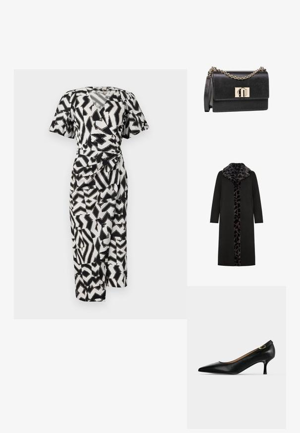 Sort lang frakke med leopard-mønstret faux fur-krave og frontpanel, med sidelommer og en slank, lige silhuet.; Sort og hvid mønstret omslagskjole med korte ærmer, v-hals og sidelukning, lavet af letvægtigt stof.; Sort læder pumpe med spids tå, kitten heel og lille guldfarvet spænde bagpå på en lysegrå baggrund.; Sort tekstureret læder skuldertaske med guld kæderem og guld rektangulær spænde på frontklappen.