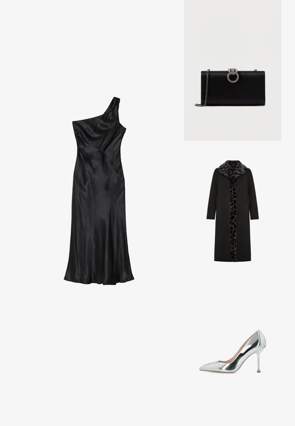 Abrigo largo negro con un collar de piel sintética de estampado de leopardo y panel frontal, que presenta bolsillos laterales y una silueta recta y elegante.; Vestido negro de satén con un solo hombro, cuerpo ajustado y falda evaseada, que presenta costuras diagonales y una textura suave en todo el tejido.; Zapato de salón plateado metálico con punta afilada, tacón de aguja delgado y acabado liso y brillante.; Bolso de mano de satén negro con un cierre circular en tono plateado adornado con strass, cuenta con una correa de cadena desmontable.