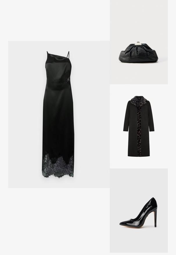 Sort lang frakke med leopard-mønstret faux fur-krave og frontpanel, med sidelommer og en slank, lige silhuet.; Sort satin kjole med en enkelt skulderrem, der har en scallop-lace kant og florale lace detaljer på siden. Glat tekstur hele vejen igennem.; Sort laklæder højhælet pumptoe med spids snude, slank silhuet og en tynd stilethæl på 4 tommer. Glat, blank overflade.; Sort læderclutch med en samlet tekstur, metal lukning og diskret præget logo på forsiden. Rundet form.