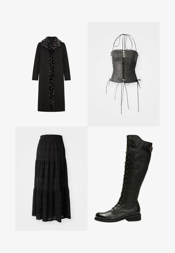 Sort lang frakke med leopard-mønstret faux fur-krave og frontpanel, med sidelommer og en slank, lige silhuet.; Jaded London LONGLINE LACE UP HALTER CORSET - Top - black; Sort maxiskørt lavet af tekstureret stof, med et lagdelt design, sammensnørende talje og subtile bølkemønstre gennem hele.; Sorte læder knæhøje støvler med snørebånd foran, sølvøjer og sidebælte. Har en tekstureret overflade og stablet hæl.