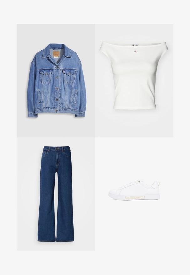Lyseblå denimjakke med skjortekrave, knaplukning, to brystlommer og sidelommer. Slidt tekstur og synligt mærke.; Hvid off-the-shoulder top lavet af blød bomuld, med en tætsiddende pasform og et lille logo i rød, hvid og blå i midten.; Mørkeblå denim bredbenede jeans med høj talje, fem lommer og orange syninger. Har en lynlåse og bæltestropper.; Hvide lædersneakers med en glat overflade, minimalistisk design, guldaccent på siden og en let ophøjet hvid gummisål.