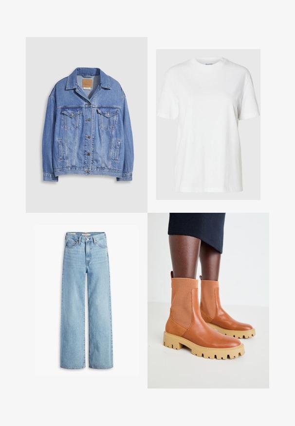 Lyseblå denimjakke med skjortekrave, knaplukning, to brystlommer og sidelommer. Slidt tekstur og synligt mærke.; Hvid bomuld t-shirt med korte ærmer og rund halsudskæring. Har en afslappet pasform og et minimalistisk design uden mønstre eller accenter.; Højtaljede, lyseblå, vide bukser med knap og lynlås fortil, bæltestropper og fem lomme-stil.; Brune læder ankelstøvler med ribbede elastiske paneler, chunky beige sål og trækstrop detalje; moderne design med en tekstureret overflade.