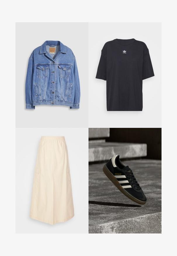 Hellblaue Jeansjacke mit Hemdkragen, Knopfleiste, zwei Brusttaschen und Seitentaschen. Verwaschene Textur und sichtbares Markenetikett.; Schwarzes Baumwoll-T-Shirt mit kurzen Ärmeln, rundem Halsausschnitt, mit einem weißen Adidas-Logo auf der Brust. Einfaches Design, lockere Passform.; Beiger Cargo-Rock mit elastischem Bündchen, Seitentaschen und lockerer Passform. Der Stoff wirkt glatt mit einem leichten Glanz.; Schwarzer Adidas-Sneaker mit weißen Streifen und Gummisohle schwebt über grauen Betonstufen im natürlichen Licht.