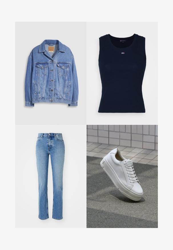 Hellblaue Jeansjacke mit Hemdkragen, Knopfleiste, zwei Brusttaschen und Seitentaschen. Verwaschene Textur und sichtbares Markenetikett.; Dunkelblaues Baumwoll-Tanktop mit geripptem Textur, rundem Ausschnitt und kleinem gesticktem Logo auf der Brust. Leicht und körpernah geschnitten.; Helle blaue Denim-Jeans mit geradem Bein, hoher Taille, fünf Taschen und subtilen Waschungen an der Vorderseite.; Weiße Leder-Sneaker mit einem Low-Top-Design, flachen Schnürsenkeln, runder Zehenform und strukturierten Seiten. Dicke Gummisohle mit dezenten Akzenten.