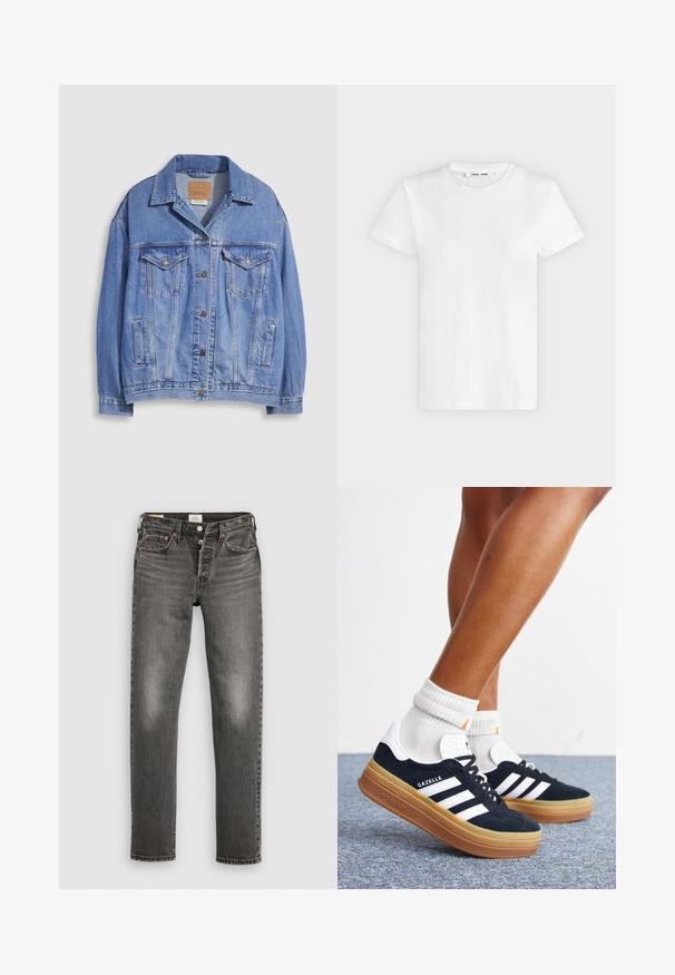 Lichtblauwe spijkerjack met overhemdkraag, knoopsluiting, twee borstzakken en zijzakken. Versleten textuur en zichtbaar merklabel.; Effen witte T-shirt met korte mouwen en ronde hals, plat liggend op een lichtgrijze achtergrond, met voorzijde en label aan de binnenkant van de halslijn zichtbaar.; Grijze denim jeans met een straight-leg snit, versleten textuur, subtiele vervaging, koperen nieten en een klassieke knoopsluiting.; Ben met witte sokken en zwarte Adidas Gazelle sneakers met witte strepen en dikke bruine zolen op een grijs tapijt.