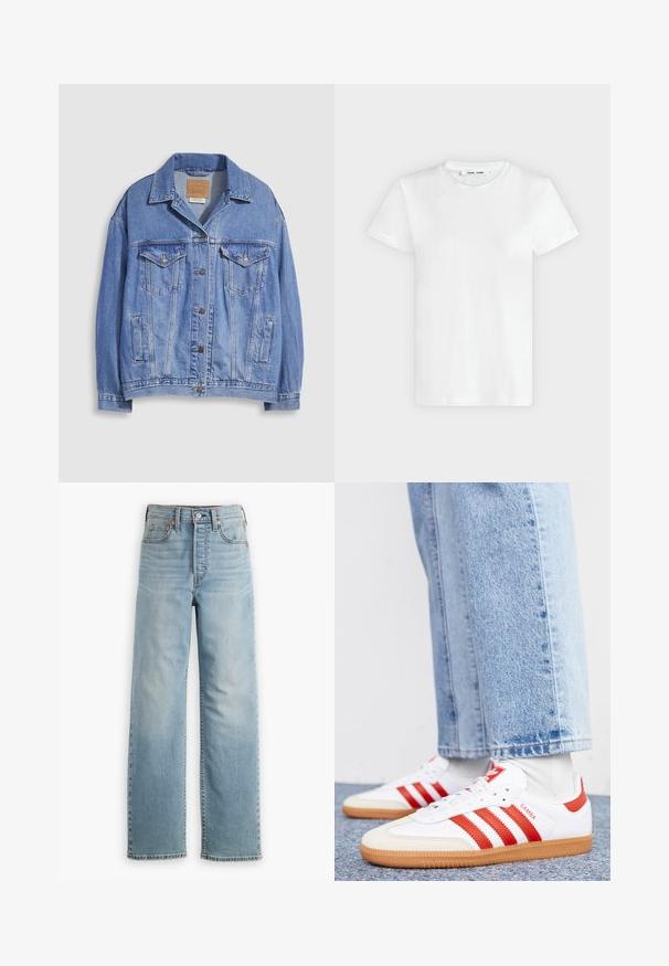 Lichtblauwe spijkerjack met overhemdkraag, knoopsluiting, twee borstzakken en zijzakken. Versleten textuur en zichtbaar merklabel.; Effen witte T-shirt met korte mouwen en ronde hals, plat liggend op een lichtgrijze achtergrond, met voorzijde en label aan de binnenkant van de halslijn zichtbaar.; Lichtblauwe spijkerbroek met een hoge taille, rechte pijpvorm, vijfzakkenstijl en zichtbare stikseldetails.; Witte leren sneakers met rode strepen en accenten. Voorzien van een getextureerde gumrubberen outsole en een gevoerde kraag. Draag ze met lichtblauwe denim.