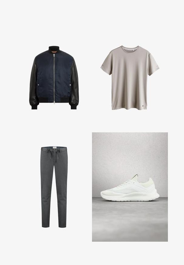 Marineblå bomberjakke med sorte læderærmer, ribbede manchetter og kant, lynlås foran og sidelommer. Glat tekstur med kontrasterende materialer.; Lysebeige t-shirt med korte ærmer og rund halsudskæring med lille logo nær den nederste kant, vist på hvid baggrund.; Grå, strækbare bukser med en glat tekstur, snøre i taljen og en knaplukning. Har et slim-fit design og minimale synlige sømme.; Hvid Calvin Klein-sneaker med mesh-detaljer og snørebånd, svævende over en betongulv ved siden af en glasblokvæg.