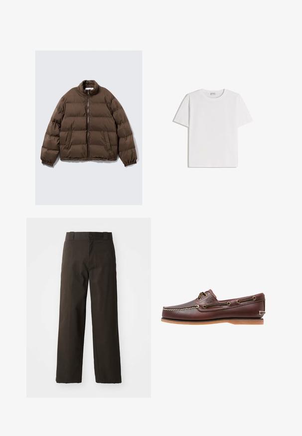 Veste matelassée marron avec col montant, fermeture éclair sur le devant, poignets élastiques et deux poches frontales inclinées sur fond uni.; T-shirt en coton blanc avec un col rond et des manches courtes. Présente une coupe classique et carrée, sans motifs ni accents visibles.; Pantalons en coton noirs avec une coupe droite, dotés d'une fermeture à bouton et d'une taille classique. Texture lisse, sans motifs ni accents.; Chaussure bateau en cuir marron avec coutures blanches, détails de lacets et semelle en caoutchouc beige, vue de côté sur fond blanc.