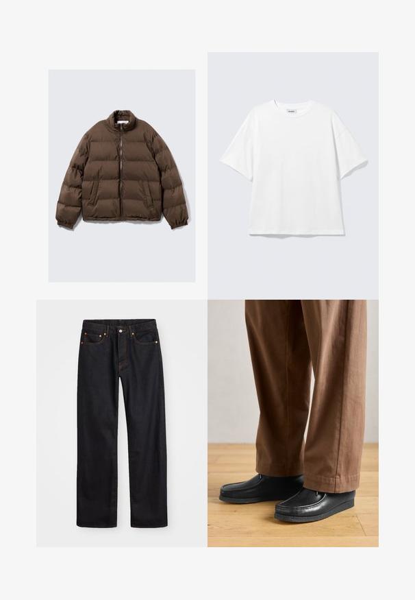 Bruine gewatteerde pufferjack met hoge kraag, ritssluiting aan de voorkant, elastische manchetten en twee schuin geplaatste voorzakken tegen een effen achtergrond.; Witte oversized T-shirt met korte mouwen, ronde hals en verlaagde schouders, plat op een lichtgrijze achtergrond.; Heren straight-leg zwarte denim jeans met vijf zakken en oranje stiksels, knoop- en ritssluiting op de voorkant van de tailleband.; Zwarte leren schoenen met een mocassinstijl en steekdetails, gecombineerd met een paarse broek, op een houten vloer.