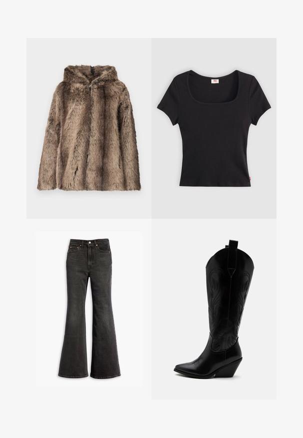 Manteau en fausse fourrure aux tons marron, avec une capuche, une texture douce et une coupe décontractée. Le tissu présente des longueurs de poils variées pour plus de détails.; Haut noir à manches courtes en tissu côtelé, avec un décolleté carré large et une coupe ajustée, orné d'une petite étiquette logo rouge au bas.; Jean en denim noir taille haute avec une jambe évasée, conception à cinq poches et accents en rivets cuivrés.; Botte de cowboy en cuir noir avec bout pointu, talon bloc incliné, couture décorative et languettes en haut sur fond blanc.