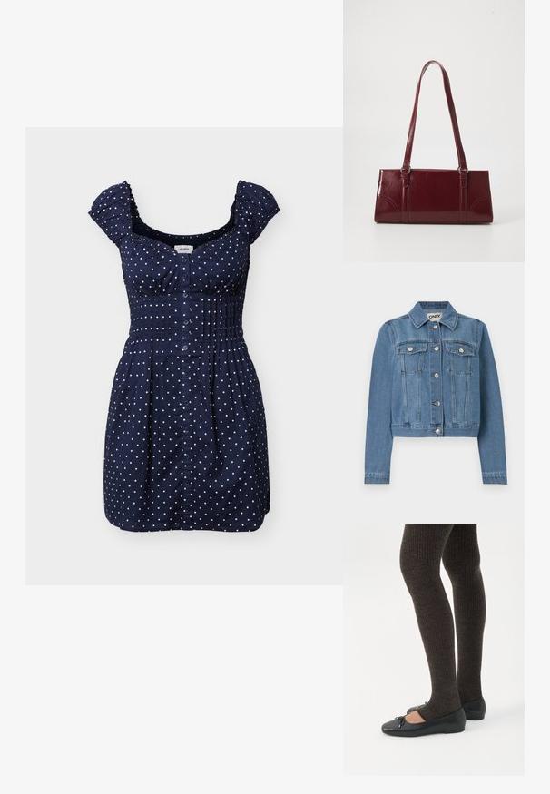 Veste en denim bleu avec fermeture à boutons, deux poches poitrine avec rabats à boutons, manches longues et col, posée à plat sur un fond blanc.; Robe courte bleu marine à pois blancs, avec boutons sur le devant, taille froncée et petites manches volantées.; Jambes portant des leggings côtelés foncés associés à des ballerines noires avec de petits détails en nœud sur fond blanc.; Sac à main bordeaux en matériau brillant, de forme rectangulaire, avec deux anses et des accents légèrement courbés à l'avant.