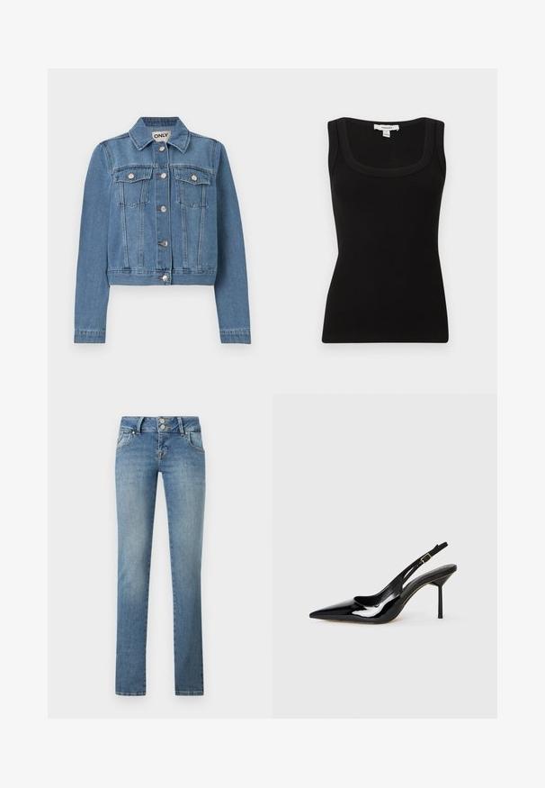 Veste en denim bleu avec fermeture à boutons, deux poches poitrine avec rabats à boutons, manches longues et col, posée à plat sur un fond blanc.; Débardeur noir côtelé sans manches avec encolure carrée, coupe ajustée, et étiquette Topshop au niveau du col arrière.; Jean droit en denim bleu avec une taille haute, deux poches avant et une fermeture à double bouton.; Sandale à talon aiguille en cuir verni noir à bout pointu, avec une fine sangle et une boucle dorée sur fond blanc.
