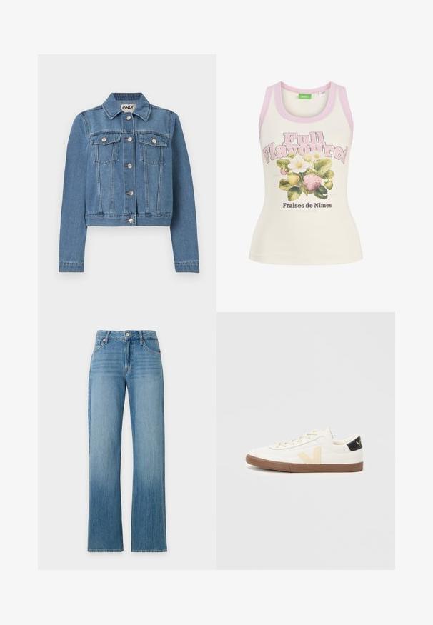 Veste en denim bleu avec fermeture à boutons, deux poches poitrine avec rabats à boutons, manches longues et col, posée à plat sur un fond blanc.; Débardeur crème avec bordure rose, texte « Full Flavoured » et illustration de fraises et de fleurs blanches avec texte en français en dessous.; Jean en denim bleu clair avec une taille haute, des jambes droites larges, des poches avant, et une fermeture par bouton et zip à l'avant.; Baskets blanches en matériau synthétique lisse, dotées d'un logo V beige, d'une semelle en caoutchouc brun clair et d'accents noirs au talon.