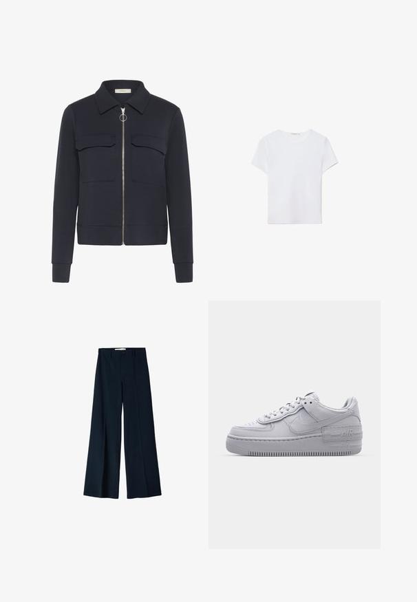 Marineblå jakke med lynlås foran og ringetræk, to brystlommer med klap, lange ærmer og en spids krave.; Hvid kortærmet t-shirt lavet af blødt stof. Har en rund halsudskæring og et simpelt, rent design med en lige underkant.; Marineblå bredbensbukser lavet af et glat stof, med to frontfoldninger og en enkelt knaplukning i taljen.; Grå Nike Air Force 1 sneakers med perforeret tå, glat læderoverdel, tyk sål og præget 'AIR' detalje på hælen.