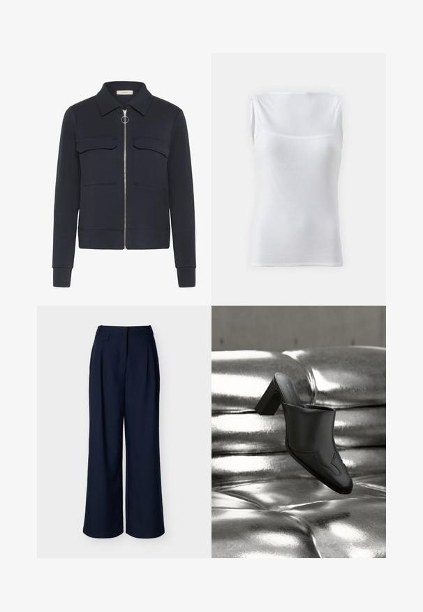 Chaqueta azul marino con cremallera frontal y tirador en forma de anilla, dos bolsillos de solapa en el pecho, mangas largas y cuello puntiagudo.; Top sin mangas blanco hecho de tela acanalada, que presenta un escote redondo y un diseño ajustado. Textura suave sin cierres visibles.; Pantalones anchos de pierna azul marino con cintura alta y pliegues frontales, exhibidos sobre un fondo blanco liso.; Mula de cuero negro con tacón ancho descansando sobre una superficie plateada brillante acolchada, destacando su diseño elegante y detalles curvados.