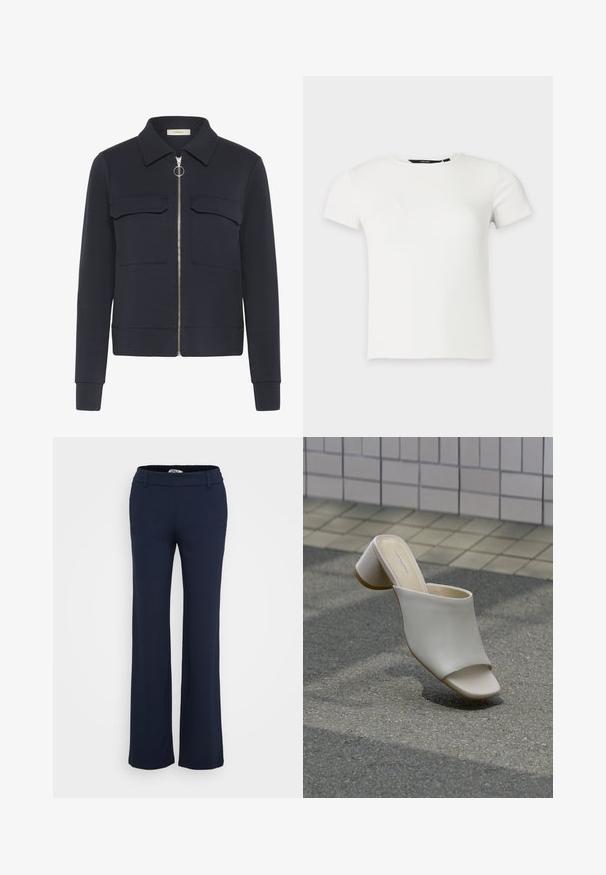 Marineblå jakke med lynlås foran og ringetræk, to brystlommer med klap, lange ærmer og en spids krave.; Hvid kortærmet ribstrikket t-shirt med rund halsudskæring, vist på en ensartet lys grå baggrund.; Marineblå, strækstofbukser med flad talje, sidelommer og flagrende ben-design. Glat tekstur, egnet til hverdag eller formelt brug.; Enkelt hvid åben tå mule med blokhæl på brolagt grund nær flisebelagt væg, vinklet for at vise side- og topudsigt.