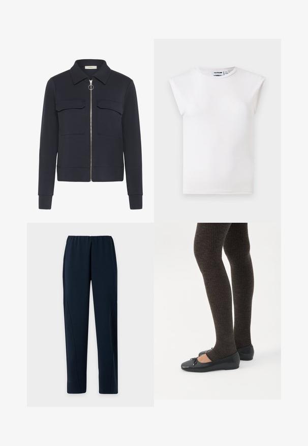 Veste bleu marine avec une fermeture éclair à l'avant et un tire-anneau, deux poches poitrine à rabat, manches longues et col pointu.; Haut blanc sans manches à col rond avec détails matelassés aux épaules, fabriqué en tissu uni, présenté sur un fond neutre.; Pantalon bleu marine avec taille élastique et jambes droites, présenté sur un fond clair uni.; Jambes portant des leggings côtelés foncés associés à des ballerines noires avec de petits détails en nœud sur fond blanc.