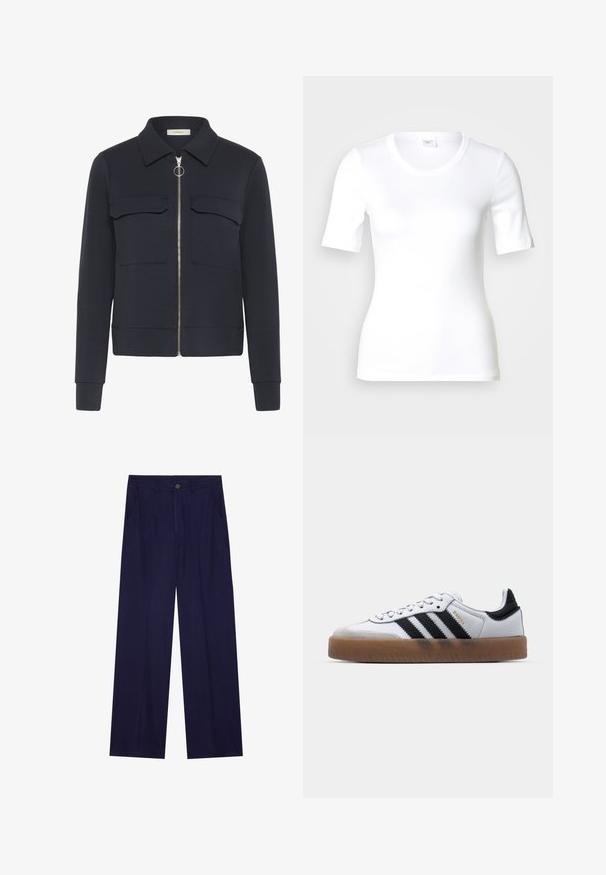 Marineblauwe jas met een rits aan de voorkant en een ringtrekker, twee borstzakken met klep, lange mouwen en een puntige kraag.; Wit T-shirt met korte mouwen van glad katoen, met een ronde halslijn en een aangesloten pasvorm. Klassiek ontwerp, zonder patronen of accenten.; Marineblauwe wijde broek gemaakt van zachte stof, met een enkele knoopsluiting en twee voorzakken. Gladde textuur zonder patronen.; Witte leren sneakers met zwarte strepen, gumrubberen buitenzool, ronde neus, vetersluiting en een zachte grijze suède neuskap.