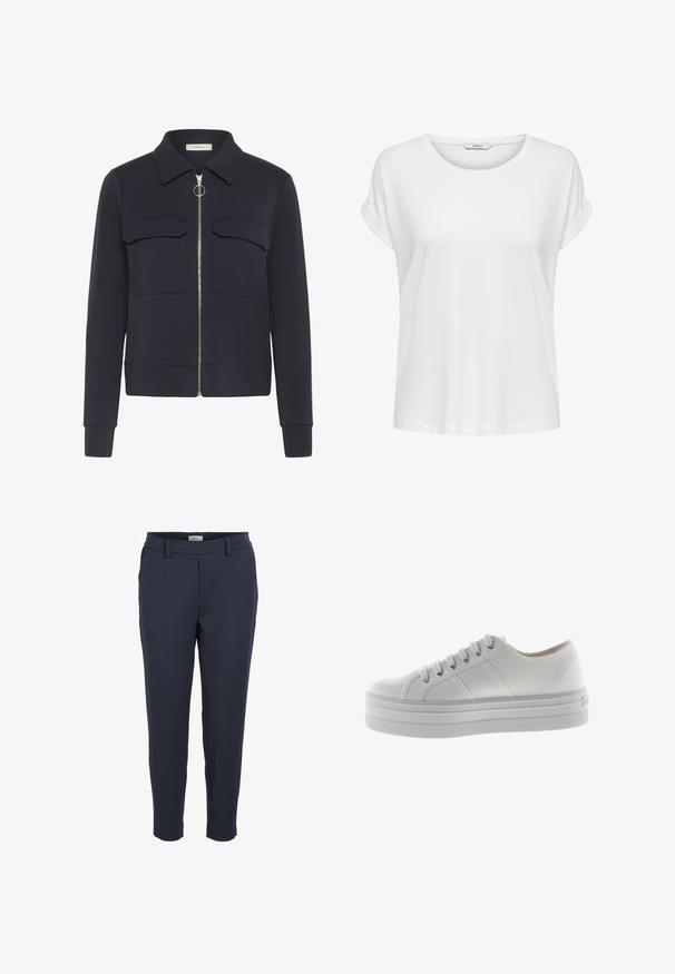 Veste bleu marine avec une fermeture éclair à l'avant et un tire-anneau, deux poches poitrine à rabat, manches longues et col pointu.; T-shirt blanc à manches courtes en coton doux. Il présente un col rond et des poignets roulés. Design simple sans motifs ni accents.; Pantalons navy en tissu lisse avec une coupe ajustée, poches latérales et une taille élastique pour le confort. Devant plat sans motifs.; Baskets blanches basses en toile avec semelle épaisse, fermeture à lacets à l'avant, et détails de couture sur le côté.