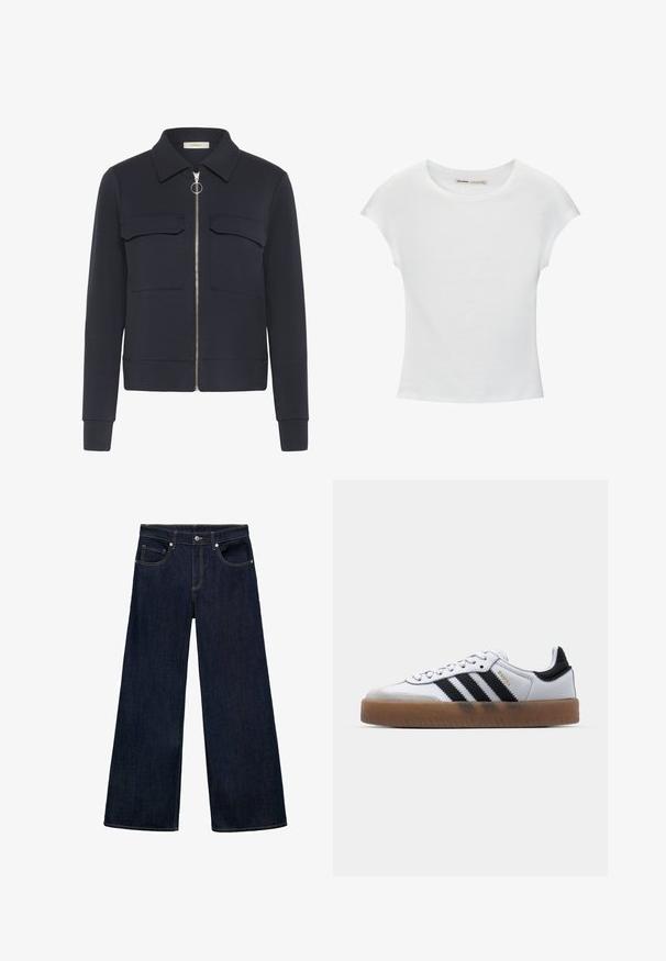 Veste bleu marine avec une fermeture éclair à l'avant et un tire-anneau, deux poches poitrine à rabat, manches longues et col pointu.; T-shirt en coton blanc avec manches courtes retroussées, encolure ronde et ourlet droit. Texture lisse sans motifs ni accents visibles.; Jean large en denim bleu foncé à taille haute, avec cinq poches, fermeture à bouton en métal et accents de couture visibles.; Baskets en cuir blanc avec des rayures noires, semelle extérieure en caoutchouc beige, bout rond, fermeture lacée et embout en suède gris doux.
