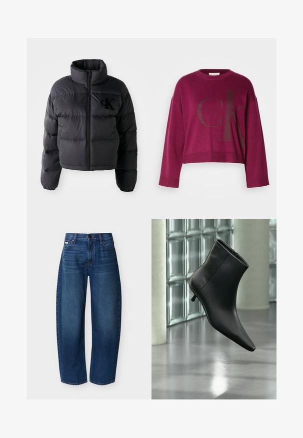 Sort pufferjakke, cropped design med høj krave, der har vandret quiltede sektioner og en frontlynlås. Broderet logo på brystet.; Bordeaux cropped sweater med lange ærmer, der har et stort mørkegrå 'CK' logo på forsiden og ribbede manchetter. Blødt strikket stof.; Mørkeblå jeans med høj talje og lige ben, forlommer, bæltestropper, knaplukning og diskret falming på lårene.; Sort læderankelstøvle med spids tå og lav kitten-hæ, vist vinklet mod en poleret gulv- og glasblokvæg.