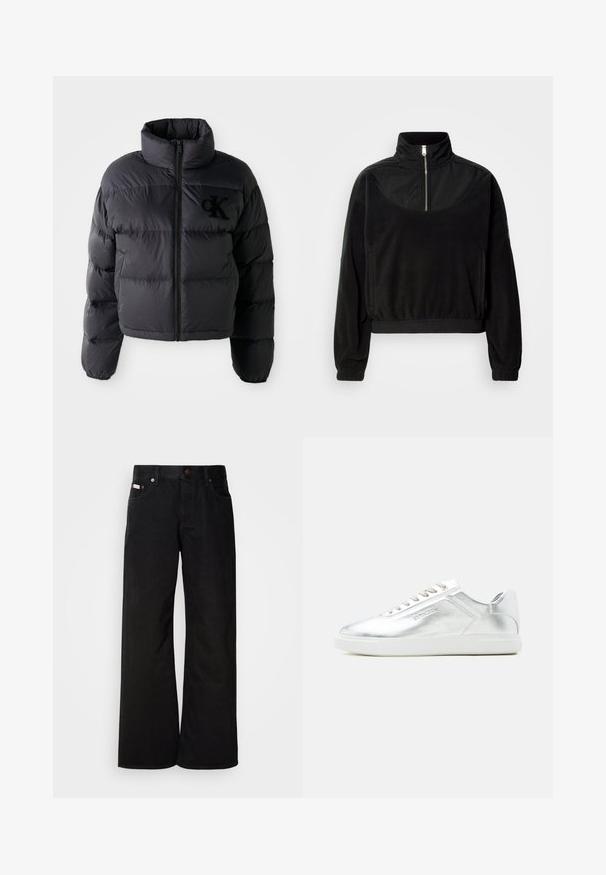 Sort pufferjakke, cropped design med høj krave, der har vandret quiltede sektioner og en frontlynlås. Broderet logo på brystet.; Sort halv-lynlås pullover med høj krave, lange ærmer, elastiske manchetter og sidelommer, præsenteret mod en enkel hvid baggrund.; Sorte breddebenede jeans lavet af bomuld. Har forlommer, en knaplukning og en klassisk denimtekstur. Minimalistisk design uden mønstre.; Lavtskåret metallic sølv sneaker med hvid sål og snørebånd, glat tekstur og subtil præget branding på siden.