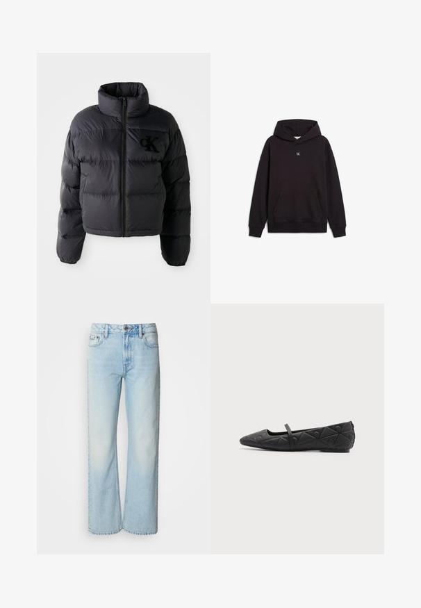 Sort pufferjakke, cropped design med høj krave, der har vandret quiltede sektioner og en frontlynlås. Broderet logo på brystet.; Sort pullover hoodie med frontlomme og lille firkantet logopatch centreret under halsudskæringen.; Lyseblå brede jeans lavet af denim med et klassisk fem-lomme design og en subtil falmet tekstur. Denim-syninger er synlige.; Sort flad sko med spids tå, quiltede geometriske mønstre og en tynd rem over vristen på en ensfarvet baggrund.