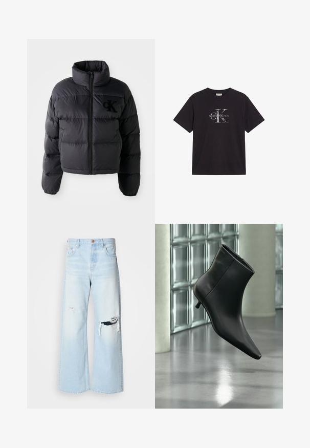 Zwarte pufferjack, cropped ontwerp met hoge kraag, voorzien van horizontaal gestikte secties en een ritssluiting aan de voorkant. Geborduurd logo op de borst.; Zwart t-shirt met korte mouwen en een vervaagd wit Calvin Klein-logo middenvoor.; Lichtblauwe wijde jeans van denim, met een hoge taille, grote scheuren bij de knieën en een klassieke vijf-pocket stijl met koperen details.; Zwarte leren enkellaars met spits toelopende neus en lage kittenhak, schuin weergegeven tegen een gepolijste vloer en een glazen blokken muur als achtergrond.