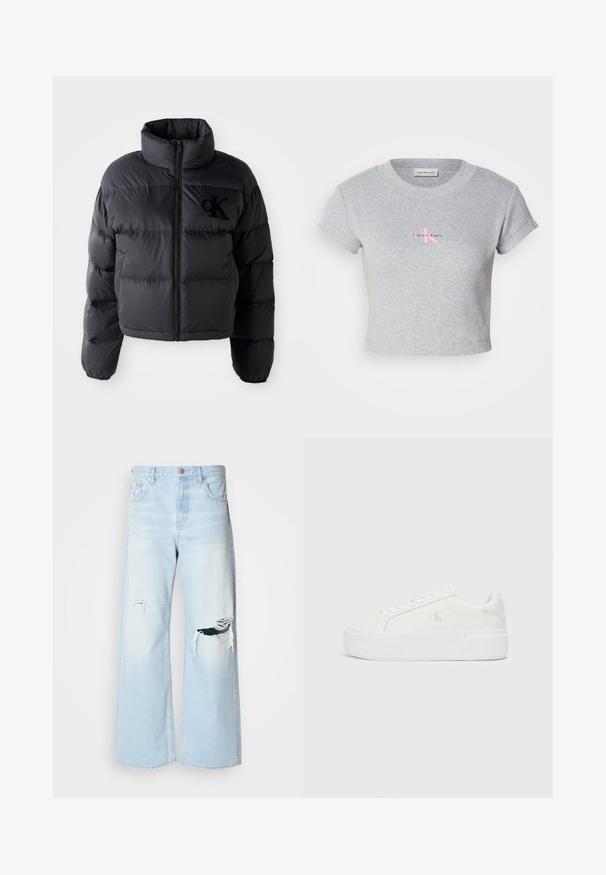 Veste doudoune noire, design court avec col haut, présentant des sections matelassées horizontales et une fermeture éclair à l'avant. Logo brodé sur la poitrine.; T-shirt gris court en coton, avec une texture côtelée et des manches courtes. Affiche un logo Calvin Klein rose sur le devant.; Jean large bleu clair en denim, avec une taille haute, de grandes déchirures au niveau des genoux, et un design classique à cinq poches avec des accessoires en cuivre.; Baskets plateformes blanches avec une tige en cuir lisse, bout arrondi, lacets blancs et un logo discret sur le côté. Semelle en caoutchouc plate.