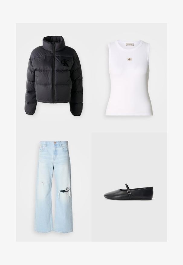 Schwarze Puffjacke, kurze Konstruktion mit hohem Kragen, mit horizontalen gesteppten Abschnitten und einem Frontreißverschluss. Besticktes Logo auf der Brust.; Weißes geripptes ärmelloses Tanktop mit Calvin Klein Jeans-Label auf der Brust und innerem Nackenetikett.; Helle blaue, weit geschnittene Jeans aus Denim mit hoher Taille, großen Rissen an den Knien und einem klassischen Fünf-Taschen-Design mit kupferfarbenen Beschlägen.; Schwarze Leder-Ballettschuhe mit spitzem Schuhzeug, flacher Sohle und einem kleinen Riemen mit silberner Schnalle.