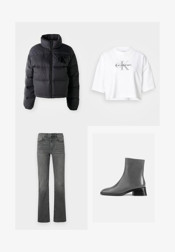 Veste doudoune noire, design court avec col haut, présentant des sections matelassées horizontales et une fermeture éclair à l'avant. Logo brodé sur la poitrine.; T-shirt blanc court avec manches surdimensionnées, arborant un grand logo "CK" gris et "Calvin Klein" noir centré sur le devant.; Jeans évasés en denim gris foncé avec une taille haute, cinq poches et une fermeture à un bouton. Texture lisse avec un léger délavage.; Botte de cheville en cuir gris avec un bout arrondi et un petit talon noir empilé. Texture lisse avec un minimalisme dans les détails.