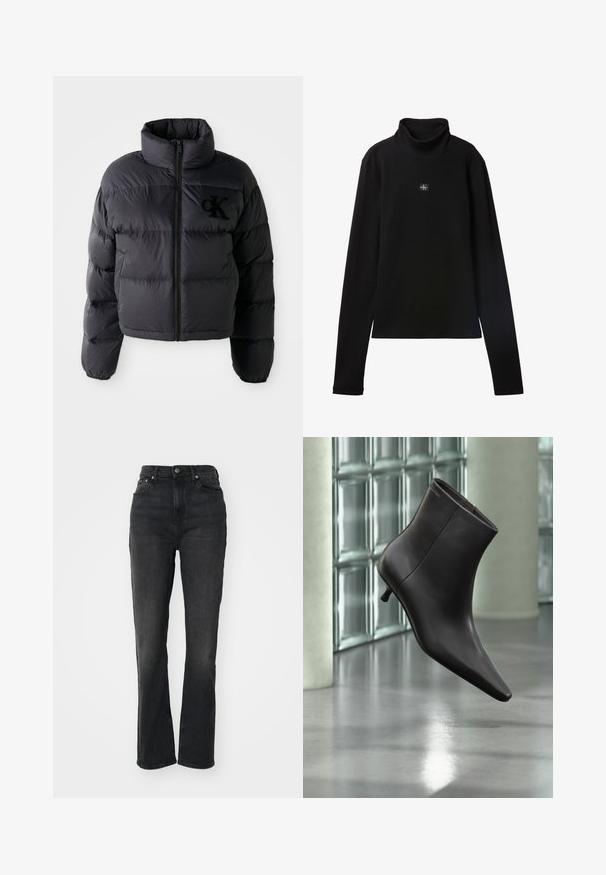 Sort pufferjakke, cropped design med høj krave, der har vandret quiltede sektioner og en frontlynlås. Broderet logo på brystet.; Sort ribstrikket bluse med lange ærmer og lille firkantet Calvin Klein-logo placeret centralt på brystet.; Højtaljede sorte denim jeans med lige ben, fem-lomme design, frontlukning med knap og minimal syning.; Sort læderankelstøvle med spids tå og lille hæl vist mod en væg af glasblokke og poleret gulv baggrund.