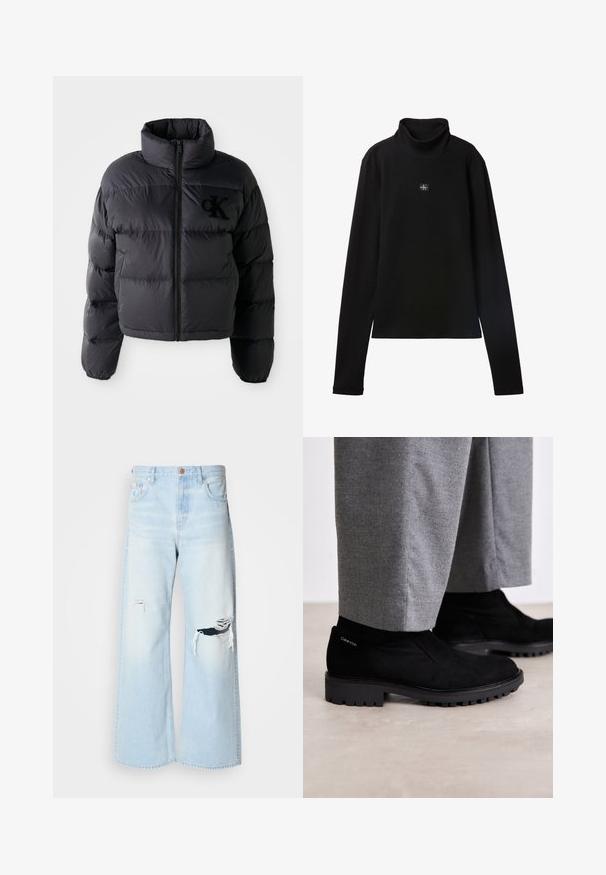 Sort pufferjakke, cropped design med høj krave, der har vandret quiltede sektioner og en frontlynlås. Broderet logo på brystet.; Sort ribstrikket bluse med lange ærmer og lille firkantet Calvin Klein-logo placeret centralt på brystet.; Lyseblå brede jeans lavet af denim, med høj talje, store revner ved knæene og et klassisk fem-lomme design med kobberhardware.; Sorte suede ankelstøvler med gummisål, der har et elastisk sidepanel og et logo akcent på hælen. Parret med grå bukser.