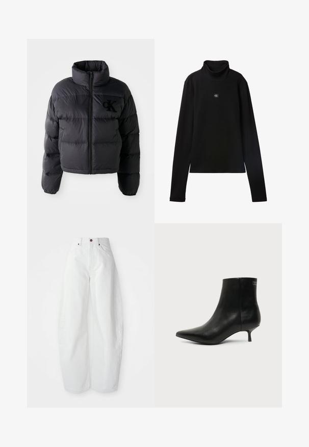 Schwarze Puffjacke, kurze Konstruktion mit hohem Kragen, mit horizontalen gesteppten Abschnitten und einem Frontreißverschluss. Besticktes Logo auf der Brust.; Schwarzes, geripptes Langarm-Top mit Rollkragen und kleinem quadratischem Calvin Klein Logo-Patch zentral auf der Brust.; Hochtaillierte weiße Denim-Hose mit lockerer Passform. Einfacher Knopfverschluss, seitliche Taschen und minimalistisches Design. Glatte Textur.; Schwarzer Leder-Knöchel-Stiefel mit spitzer Spitze und niedrigem Kittenabsatz vor hellem Hintergrund, seitliche Ansicht.