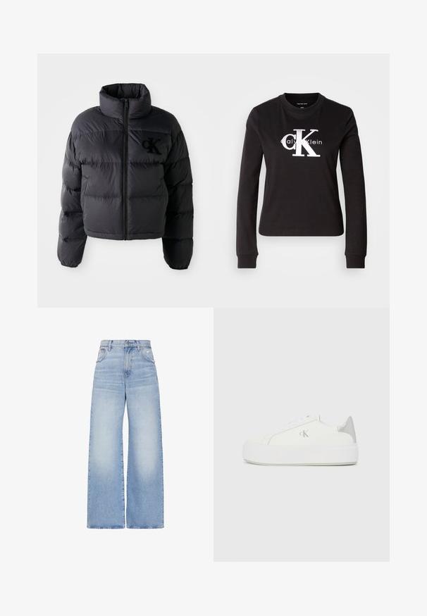 Zwarte pufferjack, cropped ontwerp met hoge kraag, voorzien van horizontaal gestikte secties en een ritssluiting aan de voorkant. Geborduurd logo op de borst.; Zwarte longsleeve t-shirt gemaakt van katoen. Beschikt over een witte "Calvin Klein" logo en klein "CK" ontwerp op de voorkant. Klassieke crew neck stijl.; Lichtblauwe high waist jeans met wijde pijpen, voorzien van een knoop- en ritssluiting aan de voorkant, zakken aan de voor- en achterkant, en een lichte distressed uitvoering op de rechterzak.; Witte canvas sneakers met een dikke witte zool, voorzien van een metallic zilveren accent op de hiel en een subtiel logo detail aan de zijkant.