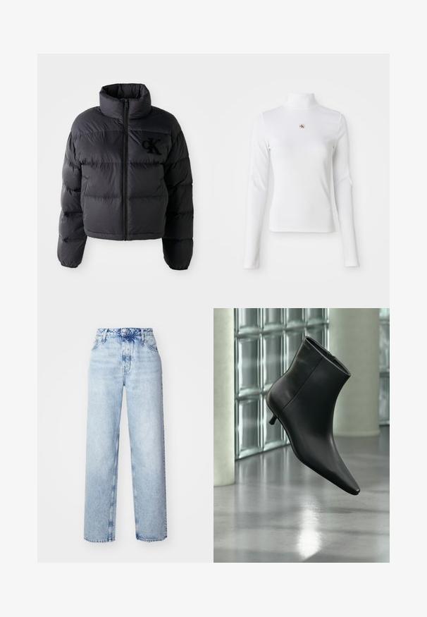Sort pufferjakke, cropped design med høj krave, der har vandret quiltede sektioner og en frontlynlås. Broderet logo på brystet.; Langærmet, hvid turtleneck-top lavet af ribbet materiale. Har et lille broderet logo i midten. Tæt pasform uden mønstre.; Lyseblå højtaljede jeans med løs pasform, der har lige ben, fem lommer og en klassisk knap- og lynlåslukning.; Sort læderankelstøvle med spids tå og lav kitten-hæ, vist vinklet mod en poleret gulv- og glasblokvæg.