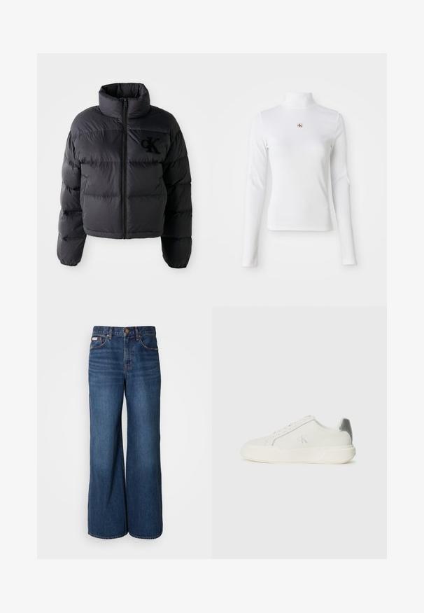 Schwarze Puffjacke, kurze Konstruktion mit hohem Kragen, mit horizontalen gesteppten Abschnitten und einem Frontreißverschluss. Besticktes Logo auf der Brust.; Langärmliges, weißes Rollkragenoberteil aus Rippmaterial. Verfügt über ein kleines gesticktes Logo in der Mitte. Enganliegendes Design ohne Muster.; Weite Jeans aus dunkelblauem Denim. Merkmale sind eine hohe Taille, fünf Taschen und kontrastierender orangefarbener Stitching entlang der Nähte.; Weißer Sneaker aus Leder mit glatter Textur, ausgestattet mit einem silbernen Akzent an der Ferse, flacher Sohle und minimalistischem Design.