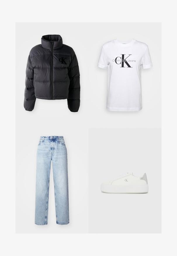 Sort pufferjakke, cropped design med høj krave, der har vandret quiltede sektioner og en frontlynlås. Broderet logo på brystet.; Hvid bomulds T-shirt med korte ærmer, prydet med et stort sort "CK" logo og teksten "Calvin Klein Jeans" nedenfor i grå.; Lyseblå højtaljede jeans med løs pasform, der har lige ben, fem lommer og en klassisk knap- og lynlåslukning.; Hvide lærredssneakers med en tyk hvid sål, prydet med en metallic sølvaccent på hælen og en diskret logo-detalje på siden.