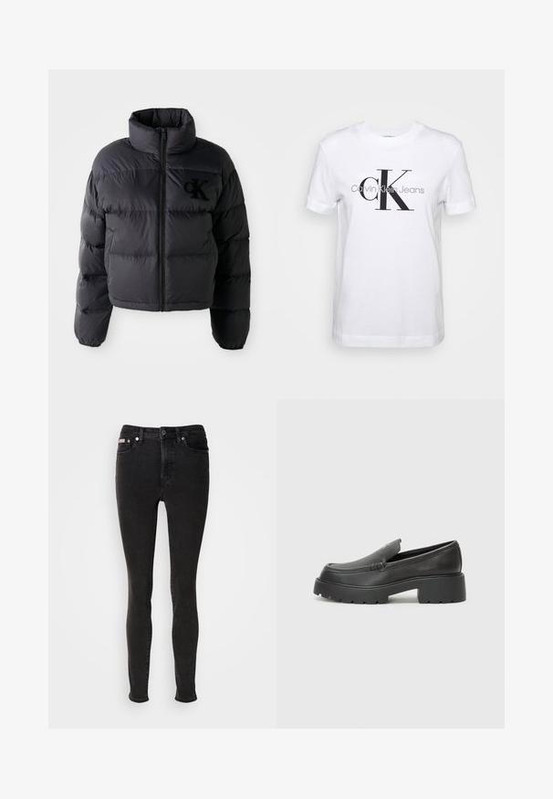 Sort pufferjakke, cropped design med høj krave, der har vandret quiltede sektioner og en frontlynlås. Broderet logo på brystet.; Hvid bomulds T-shirt med korte ærmer, prydet med et stort sort "CK" logo og teksten "Calvin Klein Jeans" nedenfor i grå.; Sorte skinny jeans lavet af denim med en glat tekstur, der har fem-lomme-design, bæltestropper og lukning med metalknap.; Sorte læder loafers med rund tå, tyk tekstureret sål og minimale syninger. Elegant design uden synlige snørebånd eller hardware.