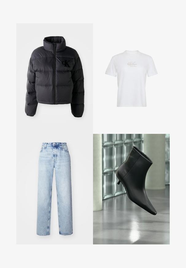 Schwarze Puffjacke, kurze Konstruktion mit hohem Kragen, mit horizontalen gesteppten Abschnitten und einem Frontreißverschluss. Besticktes Logo auf der Brust.; Weißes Kurzarm-T-Shirt mit Rundhalsausschnitt und hellbeigem Calvin Klein-Logo zentral auf der Brust.; Hellblaue High-Waist-Jeans mit lockerer Passform, geradem Bein, fünf Taschen und klassischem Knopf- und Reißverschluss.; Schwarzer Leder-Stiefelette mit spitzer Zehenpartie und niedrigem Kitten-Heel, schräg dargestellt vor einem polierten Boden und einer Glasbausteinwand.