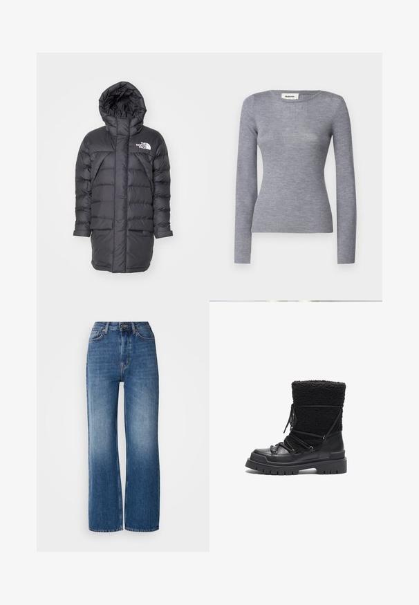 Doudoune noire avec capuche, au design matelassé, deux poches avant et un logo de marque blanc en haut à gauche.; Tops à manches longues gris côtelé avec un col rond et une silhouette ajustée. Le tissu a une texture lisse et un léger éclat.; Jeans en denim bleu à taille haute et jambes larges avec un lavage dégradé, des coutures cuivrées, une fermeture à bouton à l'avant et cinq poches.; Botte noire combinant cuir lisse et laine texturée, avec une semelle épaisse, des détails de laçage et un col en laine haut pour plus de chaleur.
