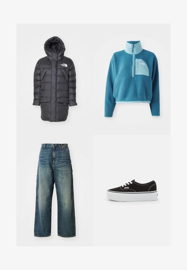 Schwarze Pufferjacke mit Kapuze, mit gestepptem Design, zwei Fronttaschen und einem weißen Markenlogo auf der oberen linken Seite.; Blauer Fleece-Pullover mit einem Teilreißverschluss, hohem Kragen und einer Fronttasche. Akzentuiert mit einem helleren blauen Besatz und einer stofflichen Textur.; Weite Denim-Jeans in einem ausgewaschenen Blauton. Verfügbar mit einem Knopfverschluss, fünf Taschen und sichtbaren Nähten. Das Material hat eine glatte Textur.; Schwarze Leinensneaker mit einer weißen Gummiplattformsohle, weißen Schnürsenkeln und Nähten, ikonischer Markenaufdruck an der Seite, im Low-Top-Design.