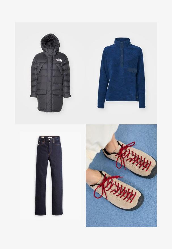 Schwarze Pufferjacke mit Kapuze, mit gestepptem Design, zwei Fronttaschen und einem weißen Markenlogo auf der oberen linken Seite.; Dunkelblauer Fleece-Pullover mit hohem Kragen, strukturiertem Wellenmuster, Knopfleiste und kleiner Brusttasche. Dehnbare Stoffqualität, lange Ärmel.; Dunkelblaue gerade geschnittene Denim-Jeans mit fünf Taschen und sichtbaren orangefarbenen Nähten auf einem weißen Hintergrund.; Beige Schuhe mit roten Schnürsenkeln, die auf einer blauen strukturierten Fläche positioniert sind und teilweise ein Fußgelenk einer Person zeigen. Die Schuhe haben ein sportliches Design.