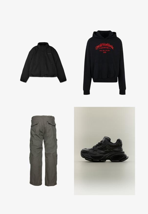 Schwarze Steppjacke mit hohem Kragen, seitlichen Reißverschlusstaschen und dezentem Logo auf der linken Brust, flach auf weißem Hintergrund dargestellt.; Schwarzer Hoodie aus Baumwollmischung mit einer vorderen Tasche, gerippten Bündchen und einem roten Grafiktextdesign auf der Brust.; Cargo-Hosen in Olivgrün, mit mehreren Seitentaschen, einer lockeren Passform und verstellbaren Bündchen für einen sicheren Sitz. Strapazierfähiger Baumwollstoff.; Schwarzer klobiger Sneaker mit strukturiertem Design, dicker Sohle und Schnürverschluss vor schlichtem neutralem Hintergrund.
