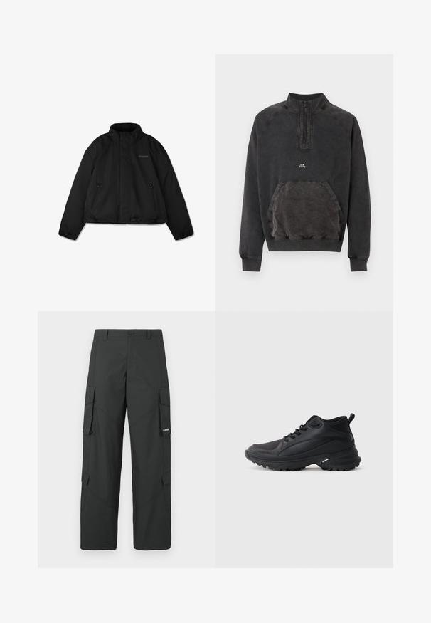 Sort dunjakke med høj krave, lynlåslommer i siden og subtilt logo på venstre bryst, vist fladt mod hvid baggrund.; Sort sweatshirts med halv lynlås, kængurulomme, ribstrikkede manchetter og kant samt lille "A C W" logo på brystet.; Sorte straight-leg cargo bukser med sidelommer med klap, knaplukning, bæltestropper og et lille hvidt logo på klappen af højre lomme.; Sorte atletikskøjter lavet af syntetisk materiale. Har en polstret krave, rund tå, robust ydersål med godt greb og detaljer med mærkelogo.