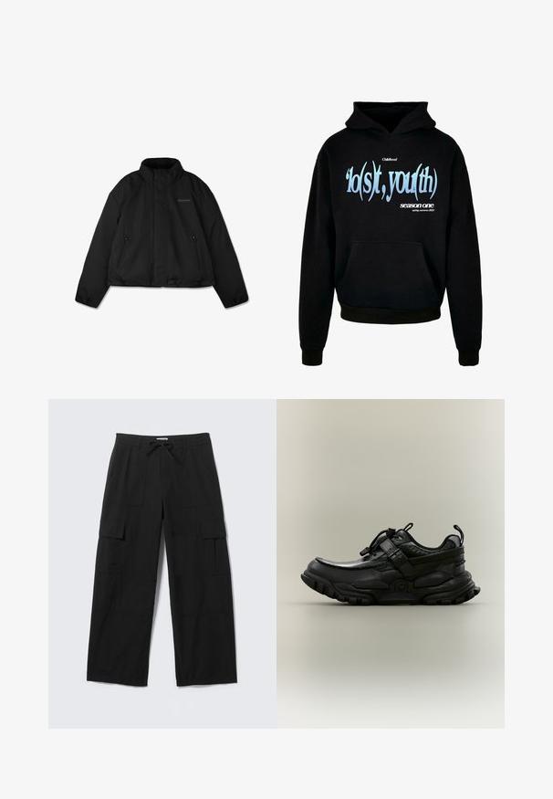 Schwarze Steppjacke mit hohem Kragen, seitlichen Reißverschlusstaschen und dezentem Logo auf der linken Brust, flach auf weißem Hintergrund dargestellt.; Schwarzer Hoodie mit einer vorderen Kängurutasche, Kapuze mit Kordelzug und grafischem Text in Blau und Weiß, der lautet: "'lo(s)t, you(th) season one spring, summer 2023."; Schwarze Cargo-Hose mit weitem Bein, vorderen Taschen, Oberschenkeltaschen mit Klappen, Gürtelschlaufen und Kordelzugbund, flach auf einem weißen Hintergrund ausgelegt.; Schwarzer klobiger Sportschuh mit verstellbarem Riemen, Schnürzug und robustem Profil, seitlich auf neutralem Hintergrund dargestellt.