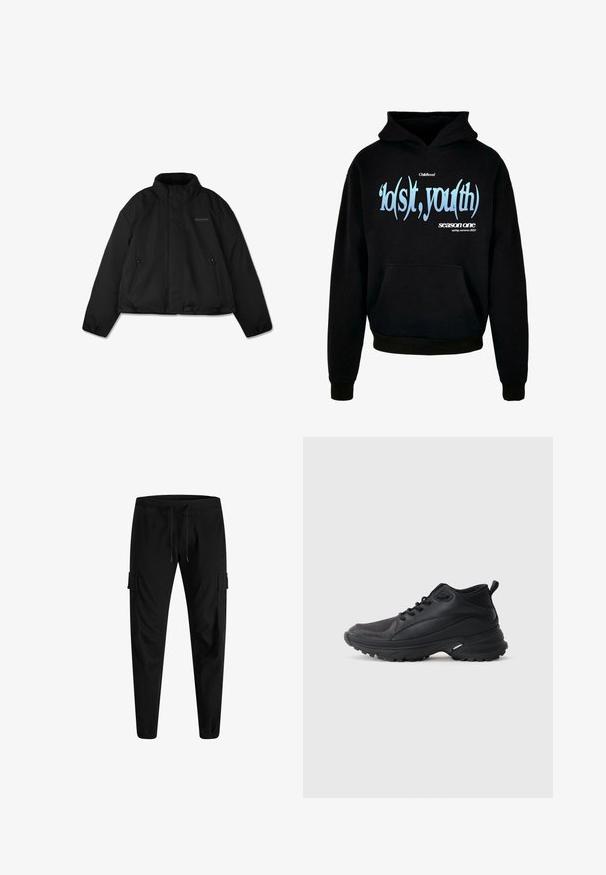 Zwarte donzen jas met hoge kraag, ritssluitingen aan de zijkanten en een subtiel logo op de linkerborst, plat weergegeven op een witte achtergrond.; Zwarte hoodie met een voorzak in kangoeroestijl, een capuchon met trekkoord en grafische tekst in blauw en wit die luidt: "'lo(s)t, you(th) seizoen één lente, zomer 2023."; Zwarte cargobroek met elastische tailleband, verstelbare trekkoord, zijvakken met klep en elastische manchetten bij de enkels, weergegeven op een witte achtergrond.; Zwarte sportschoenen gemaakt van synthetisch materiaal. Voorzien van een gevoerde kraag, ronde neus, stevige buitenzool met grip en merkembleem.