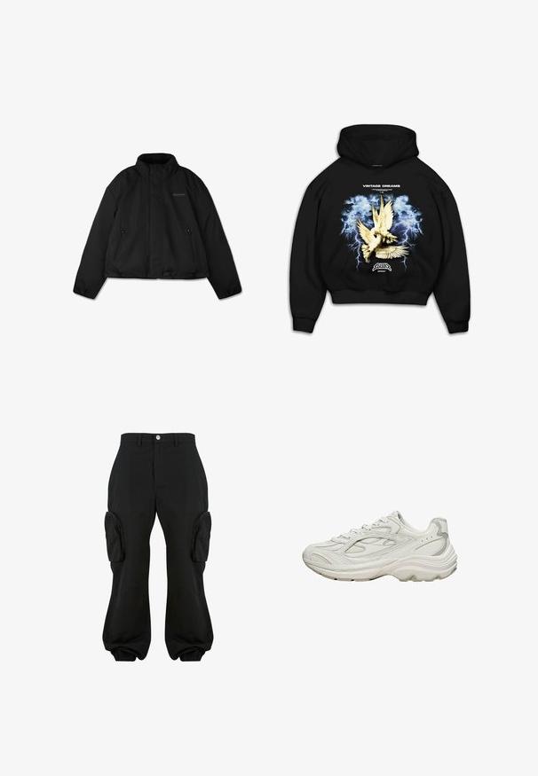 Schwarze Steppjacke mit hohem Kragen, seitlichen Reißverschlusstaschen und dezentem Logo auf der linken Brust, flach auf weißem Hintergrund dargestellt.; Schwarzer Kapuzenpullover mit einem grafischen Druck von Tauben vor einem stürmischen blauen Hintergrund mit Blitz. Der Text lautet "VINTAGE DREAMS."; Schwarze Cargo-Hosen mit lockerer Passform, ausgestattet mit zwei seitlichen Cargo-Taschen, elastischen Bündchen an den Knöcheln und einem Knopfverschluss auf der Taille.; Weißer Sneaker mit strukturiertem Obermaterial und klobiger Sohle. Merkmale sind geschwungene Linien, dezente graue Akzente und ein Schnürdesign.