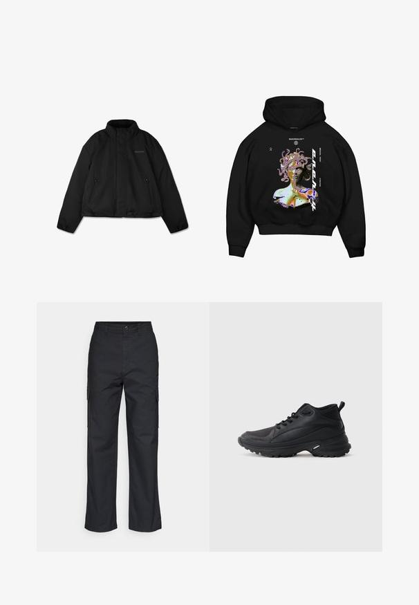 Zwarte donzen jas met hoge kraag, ritssluitingen aan de zijkanten en een subtiel logo op de linkerborst, plat weergegeven op een witte achtergrond.; Zwarte hoodie met een multikleurige graphic van een Medusa-achtige figuur, met opvallende tekst en een voorkangoeroezak.; Zwarte cargobroek met een rechte pijpdesign, voorzien van zijzakken en een geweven stof. Knopsluiting in de taille voor een veilige pasvorm.; Zwarte sportschoenen gemaakt van synthetisch materiaal. Voorzien van een gevoerde kraag, ronde neus, stevige buitenzool met grip en merkembleem.
